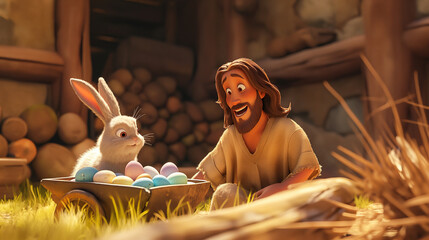 Cartoon style of Jesus with an colorful Easter basket and Easter Bunny. Christian holiday Concept. Movie frame simulation.