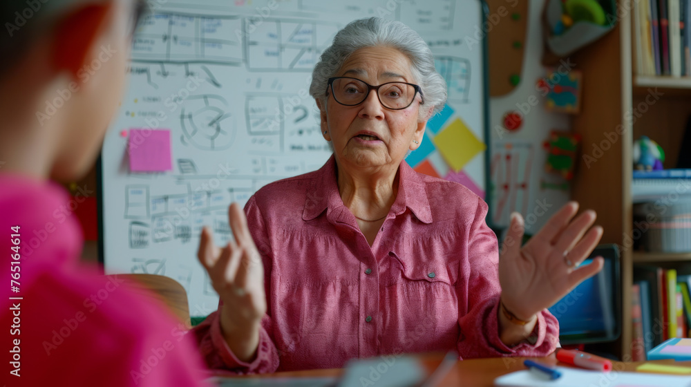 Aufkleber an educator discusses a topic with visible graphs on the whiteboard behind her.