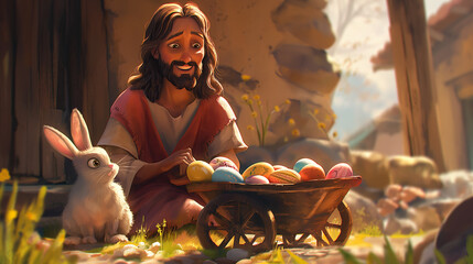 Cartoon style of Jesus with an colorful Easter basket and Easter Bunny. Christian holiday Concept. Movie frame simulation.