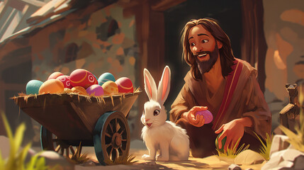 Cartoon style of Jesus with an colorful Easter basket and Easter Bunny. Christian holiday Concept. Movie frame simulation.