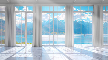 Empty bright room with large French windows with white curtains overlooking the mountains and sea