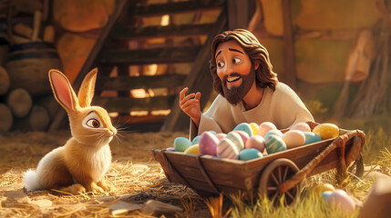 Cartoon style of Jesus with an colorful Easter basket and Easter Bunny. Christian holiday Concept. Movie frame simulation.