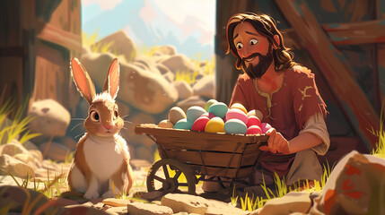 Cartoon style of Jesus with an colorful Easter basket and Easter Bunny. Christian holiday Concept. Movie frame simulation.