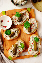 Sardine and cream cheese rillettes with gherkins .top veiw