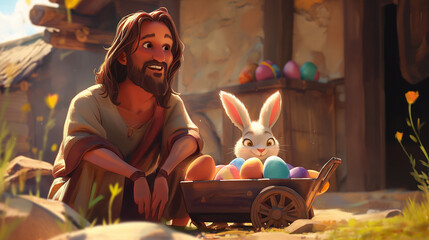 Cartoon style of Jesus with an colorful Easter basket and Easter Bunny. Christian holiday Concept. Movie frame simulation.