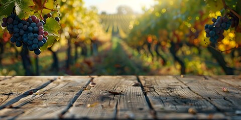 Naklejka na ściany i meble Blurred vineyard background on empty wood table ideal for product display or winerelated content. Concept Product Display, Vineyard Background, Wine Accessories, Food Pairings, Lifestyle Photography