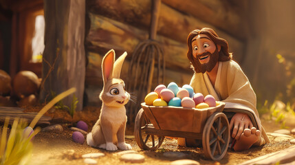 Cartoon style of Jesus with an colorful Easter basket and Easter Bunny. Christian holiday Concept. Movie frame simulation.