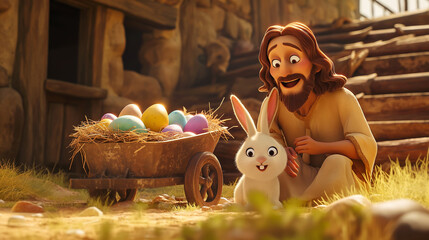 Cartoon style of Jesus with an colorful Easter basket and Easter Bunny. Christian holiday Concept. Movie frame simulation.