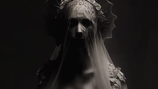 ominous, death bride concept, black and white, horror, fear and doom vibes
