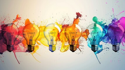 Row of color-tinted light bulbs with paint splash - A lined-up array of light bulbs tinted with a spectrum of paint colors - obrazy, fototapety, plakaty