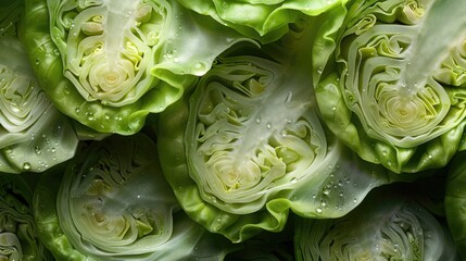 Fototapeta premium Close-up texture shot of sliced Brussels sprouts and cabbage, focusing on the intricate patterns and vibrant green hues, ideal for backgrounds or abstract art