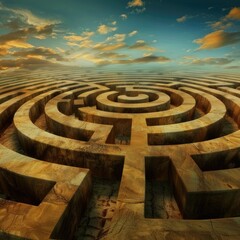 Surreal image of a vast, sunlit maze - A beautiful yet complex labyrinth basks in the warm sunlight with a dramatic sky, evoking ideas of challenges and journeys