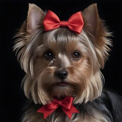 Adorable Yorkshire Terrier Wearing a Red Bow studio on the black background