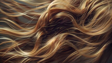 Wavy strands of long brown hair. Haircare and beauty concept. Texture background for design and print - obrazy, fototapety, plakaty