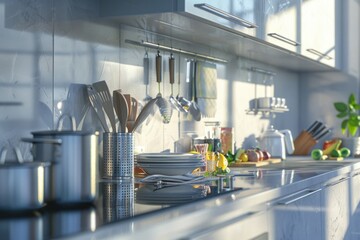 A cluttered kitchen counter with various dishes and utensils. Suitable for kitchen organization...