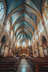 Fototapeta premium A church interior featuring beautiful stained glass windows and wooden pews. Ideal for religious themes or architecture concepts
