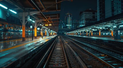 A train station with a train on the tracks. Suitable for transportation themes