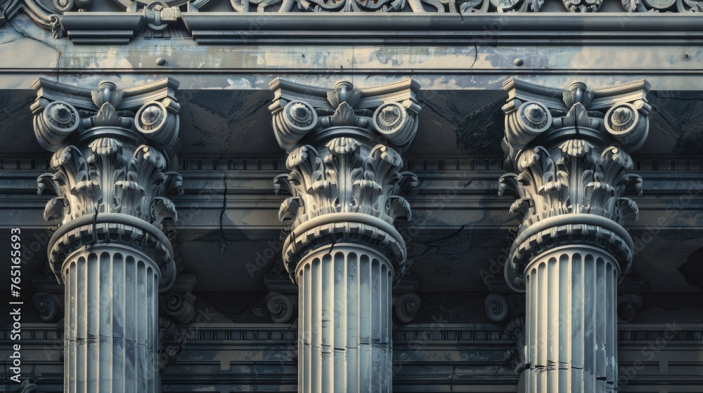 Poster Close up view of a building with columns and a clock, suitable for architectural designs