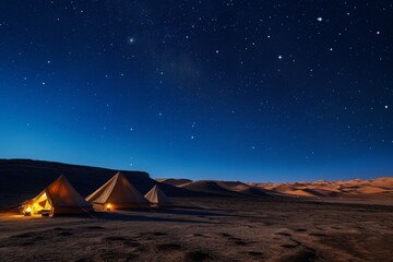 A photo capturing a couple of tents placed in the center of a vast desert landscape, Sweeping desert landscape dotted with nomadic tents under the night sky, AI Generated