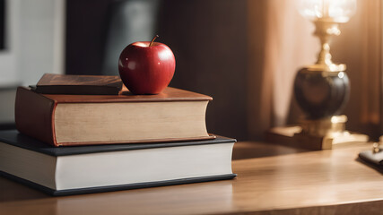 An apple a on top of school books. Education concept. - obrazy, fototapety, plakaty