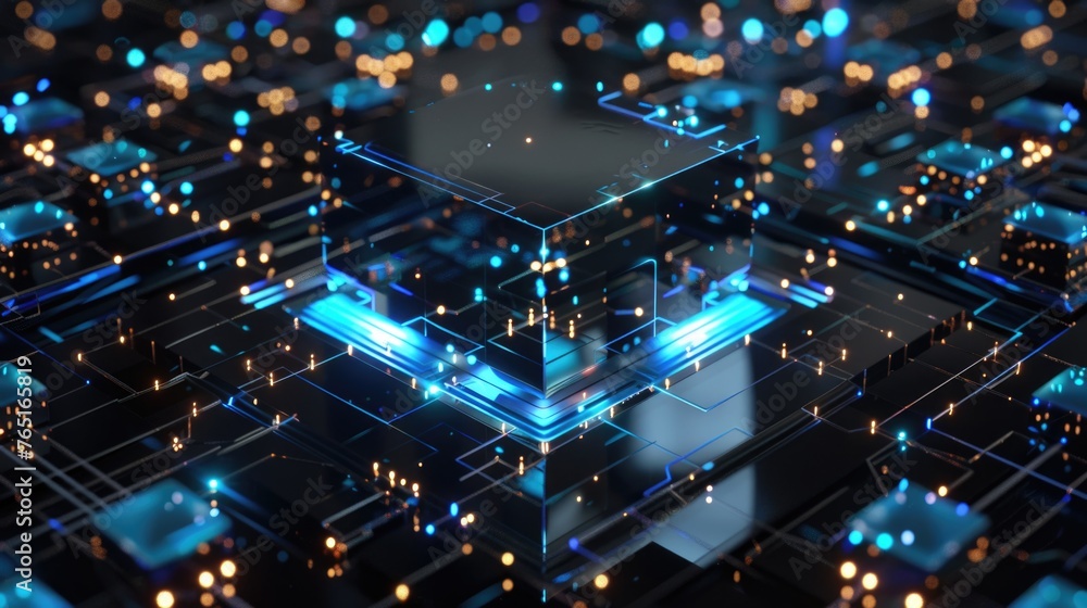 Poster A computer circuit board with glowing blue lights, perfect for technology concepts