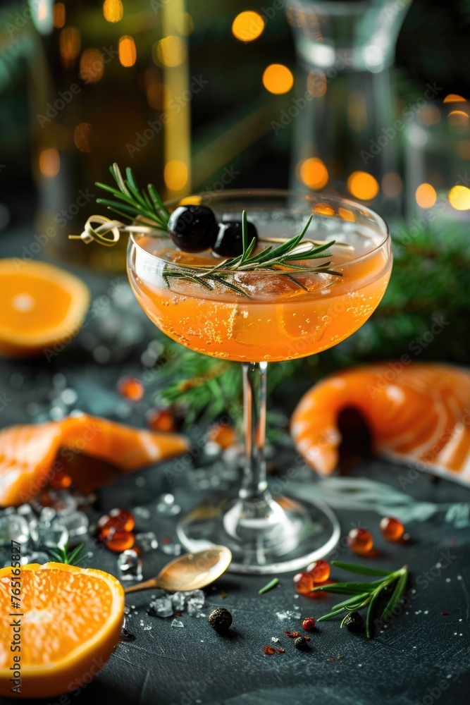Poster a glass filled with a drink on a table. suitable for various concepts and designs
