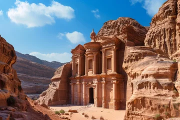 Foto op Canvas A large, weathered industrial building stands in the vast emptiness of the desert landscape, The Al-Kazneh temple located in the ancient city of Petra, Jordan, AI Generated © Iftikhar alam