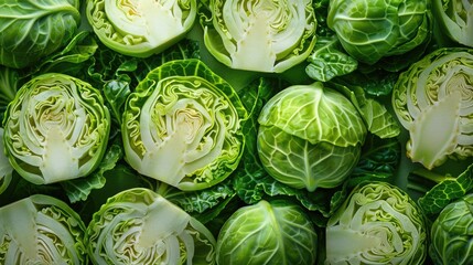 Close-up texture shot of sliced Brussels sprouts and cabbage, focusing on the intricate patterns and vibrant green hues, ideal for backgrounds or abstract art - obrazy, fototapety, plakaty