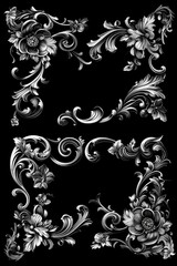 Elegant silver floral designs on a sleek black background. Perfect for adding a touch of sophistication to any project
