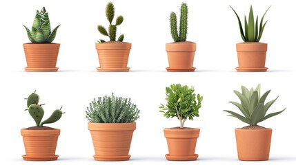 Group of potted plants on a clean white background, suitable for interior design concepts