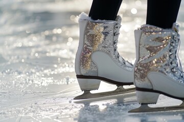 A Close Up of a Pair of Ice Skates, The close-up of a figure skater's shoes with shiny blades, clicking on the ice surface, AI Generated