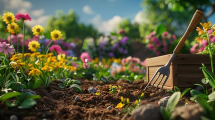 Foto auf Alu-Dibond Gardening fork and vibrant flowers in a sunlit garden with rich soil. © MP Studio