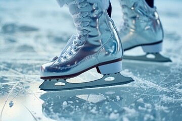 A detailed shot capturing the intricacies of a pair of ice skates, The close-up of a figure skater's shoes with shiny blades, clicking on the ice surface, AI Generated - obrazy, fototapety, plakaty