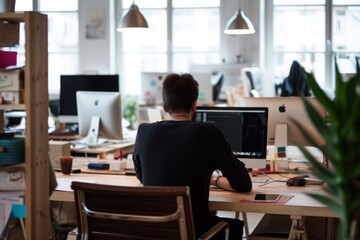 A man is seated at a desk, engaged with a computer in a workplace setting, The contrast between traditional offices and teleworking, AI Generated