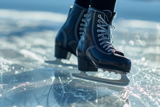 This close-up photo showcases a pair of ice skates, capturing their details and design, The close-up of a figure skater's shoes with shiny blades, clicking on the ice surface, AI Generated