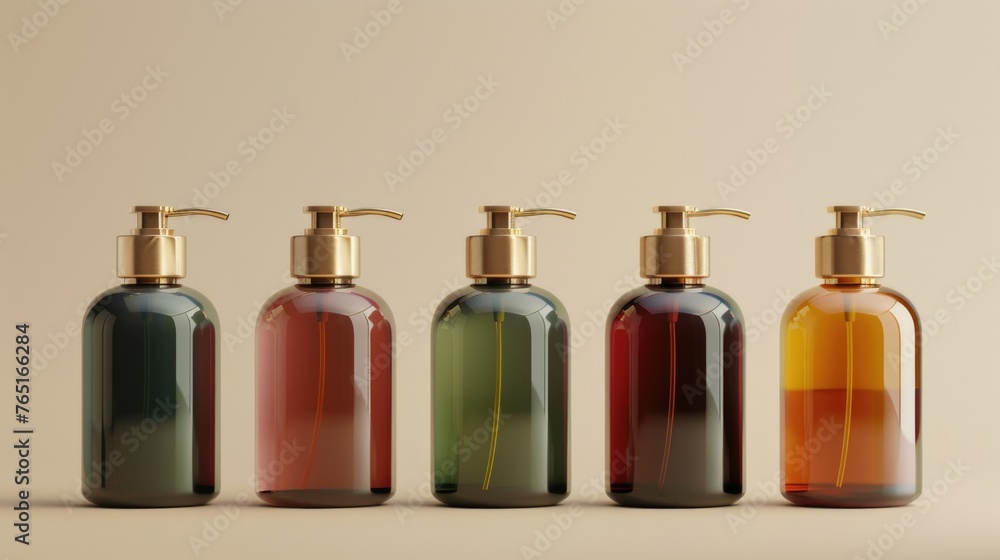 Poster group of four bottles with different colored liquids. ideal for product advertising