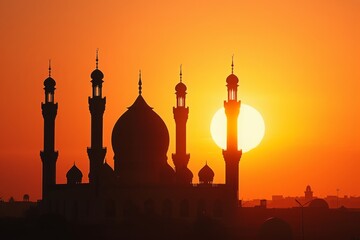 The sun is seen setting behind a massive building, casting golden rays across the sky, The graceful silhouette of a mosque against a sunrise, AI Generated