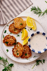 Norwegian fish cakes with tartar sauce.top veiw