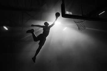 A man showcasing impressive athleticism as he dunks a basketball high above the ground, The gravity-defying moment of a professional player diving to make a winning shot, AI Generated - obrazy, fototapety, plakaty