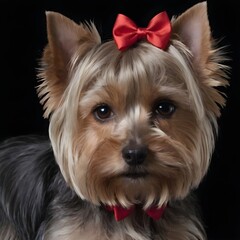 Adorable Yorkshire Terrier Wearing a Red Bow studio on the black background