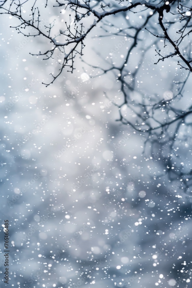 Poster snow-covered tree branch in the midst of a snow storm. suitable for winter and nature themes