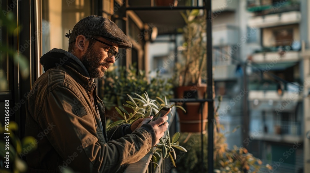 Poster A man standing on a balcony looking at his cell phone. Ideal for technology and communication concepts