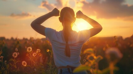 A woman standing in a field of flowers at sunset. Perfect for nature and relaxation concepts