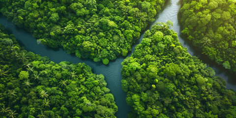 Aerial view of forest river amidst lush greenery and trees.