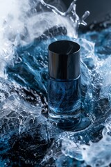 Una botella de perfume se ve envuelta por un mar turbulento de azul cristalino, capturando un momento de serenidad dinámica. Cada gota y remolino parece vivo, danzando alrededor del vidrio.