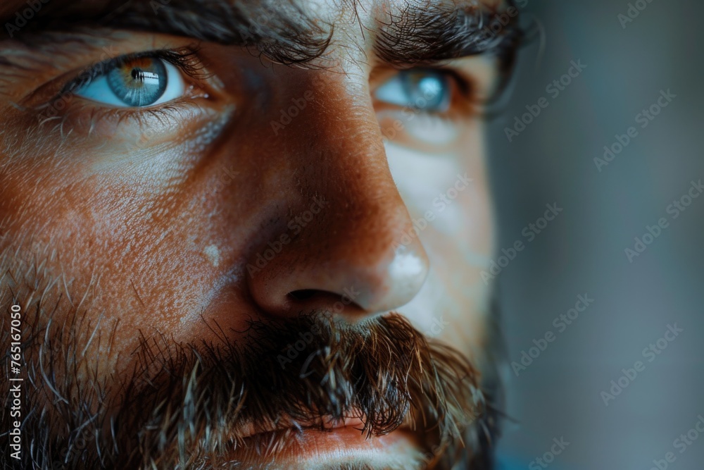 Poster a detailed image of a man with a beard and striking blue eyes, suitable for various projects