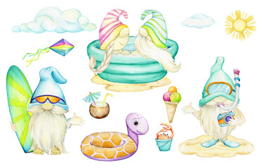 Funny gnomes, in the pool, surfer, crab, ice cream, sun, clouds, beach. Watercolor set, cliparts, on an isolated background.