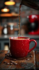 Una taza carmesí atrapa una cascada de café, su superficie una constelación de burbujas y granos. Este momento, congelado en el tiempo, emana el calor de un café acogedor. - obrazy, fototapety, plakaty