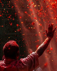 Una silueta se deleita en una vibrante explosión de rojo, capturando la esencia de la alegría y la celebración, como si el mismo aire estuviera vivo con el color de la festividad y la energía animada. - obrazy, fototapety, plakaty