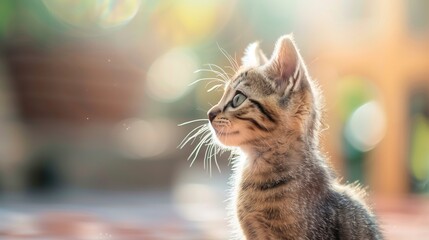 Bañado en una neblina dorada, un gatito mira hacia la distancia con infinita curiosidad, su silueta suavemente delineada por el tierno abrazo del sol, bigotes iluminados con la promesa del día. - obrazy, fototapety, plakaty